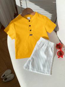 SHEIN 2pcs Baby Boy Summer Casual Red Collar Polo Shirt And White Striped Shorts Set, Suitable For Birthday Party, Rave, Evening Party, Performance, Wedding, Baby Shower And 1st Birthday Celebration - Yellow - View 8