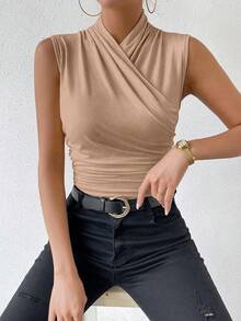 RosyDaze Women's Summer Casual Commute Vacation Solid Color Surplice Neck Ruched Slim Fit Tank Top - Khaki - View 4