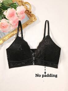 DesireSculpt 浪漫蕾丝纯色前扣细肩带文胸 - 黑色 - 查看 6