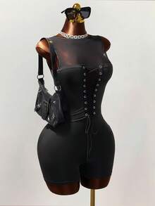 Mistrie 性感网纱拼接镂空系带无袖弹力针织连体裤 - 黑色 - 查看 5