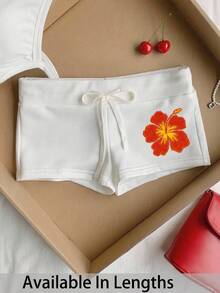 SHEIN Comfortcana Quần short ôm sát màu đen, kiểu dáng tối giản, họa tiết giả ren đỏ, cạp chun, thích hợp cho kỳ nghỉ xuân/hè. - trắng - Xem 3