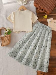 Tween Girl Summer Drawstring V-Neck Short-Sleeved T-Shirt And Mid-Length Floral Chiffon Skirt Set. - Multicolor - View 2
