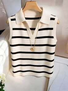 Airaco 女士休闲优雅针织翻领条纹背心 - 黑與白 - 查看 4