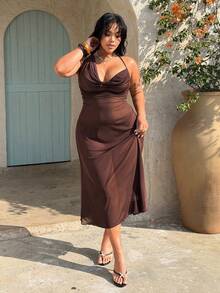 Rustia Plus Size Women Solid Color Halter Backless Cross Elegant Waist Gathering Party Dress - Coffee Brown - View 7