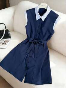 GlowEve Women's Summer Casual/Office Commute Striped Print Belted Shirt Dress - Blue - View 8