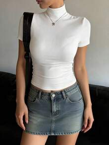 DAZY Women's Stand Collar Short Sleeve Fitted Casual Street T-Shirt Summer - White - View 2