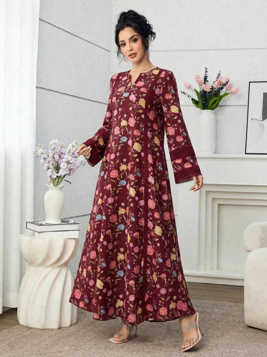 Yasmyna Romantic Floral Lace Patchwork Loose Fashionable Dress For Women - Burgundy - View 1