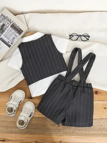 SHEIN 三件套男宝宝夏季正式绅士套装，包括短袖衬衫配领结、条纹马甲和休闲背带短裤，时尚帅气，适合生日派对、晚宴、演出、婚礼、满月庆祝、洗礼、周岁生日等场合。 - 黑色 - 查看 2