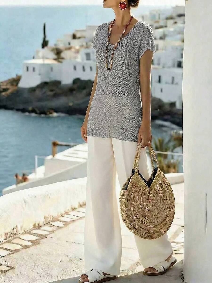 Ritzy Row 女士灰色V领无袖针织上衣，时尚简约百搭度假装 - 灰色 - 查看 1