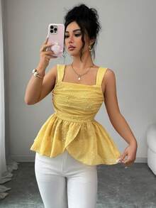 Elenzga 无袖方领收腰A字下摆优雅浪漫精致女士背心 - 黃色 - 查看 3