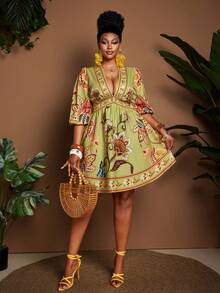 Plus Size Women Floral Print Deep V-Neck Lantern Sleeve Dress, Vacation - Multicolor - View 3
