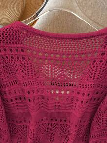 Franclia New Solid Color Hollow Crochet Lace Lightweight Cardigan, Versatile Outerwear For Women - Hot Pink - View 6