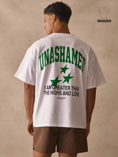 Musero Camiseta de manga corta con cuello redondo y hombros caídos "UNASHAMED" con gran eslogan gráfico en la espalda, esencial de primavera y verano