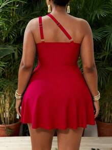 Slaydiva 大码女士红色镂空极简时尚连体泳衣，适合情人节、夏季海滩度假 - 紅色 - 查看 2