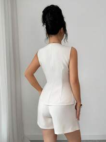 Balvessa 女士夏季新款通勤优雅金属扣无袖短裤两件套 - 杏色 - 查看 2