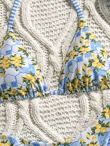 Swim Mod Women's 2pcs Lemon Random Print V-Neck Halter Tie Bikini Set Set, Summer Casual - Multicolor - View 5