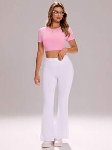 Sovereign Charm Women's Solid Color Cutout Back Cropped Sports Short Sleeve T-Shirt Pink Gym Top Pink Crop Top Light Pink Crop Glowmode Pink Top Tops For Women Summer Cute Active Wear Tops Gym Clothes Women Top Workout Tops Women Women's Tops For Summer - Pink - View 6