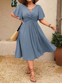 Rometta Vestido midi de línea A con cuello en V, textura de punto, cintura con volantes y cadena, para mujer talla grande, primavera/verano - Celeste - Ver 8