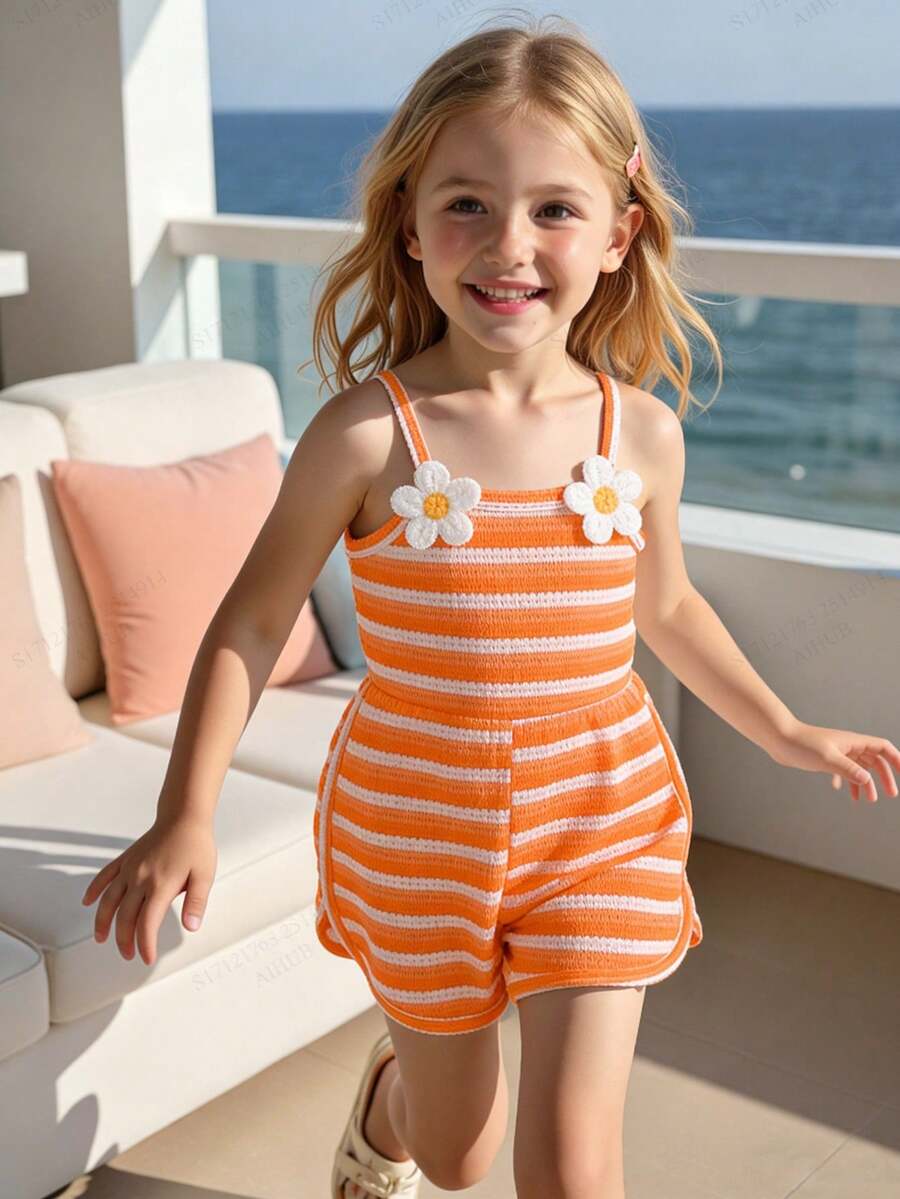 SHEIN Elladie kids 女童夏季新款简约橙白条纹拼接连体裤,花卉装饰休闲运动风连体衣 - 橘色 - 查看 1