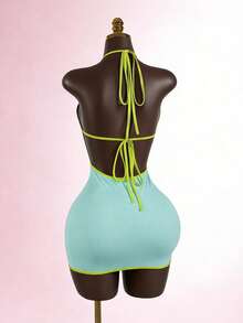 SaltGleam SaltGleam Vestido mini sexy con cuello en V y ribete de contraste para mujer - Azul - Ver 2