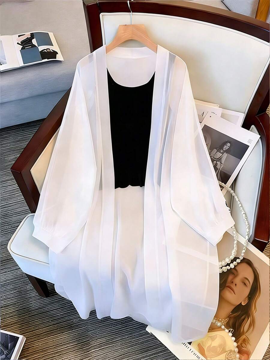 Resyla 新款轻薄雪纺宽松中长开衫女式上衣 - 白色 - 查看 1