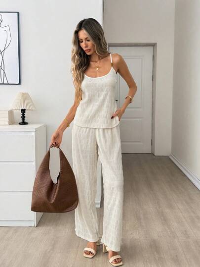 Easowa Women's Solid Color Camisole Top And Wide Leg Pants Casual Outfit