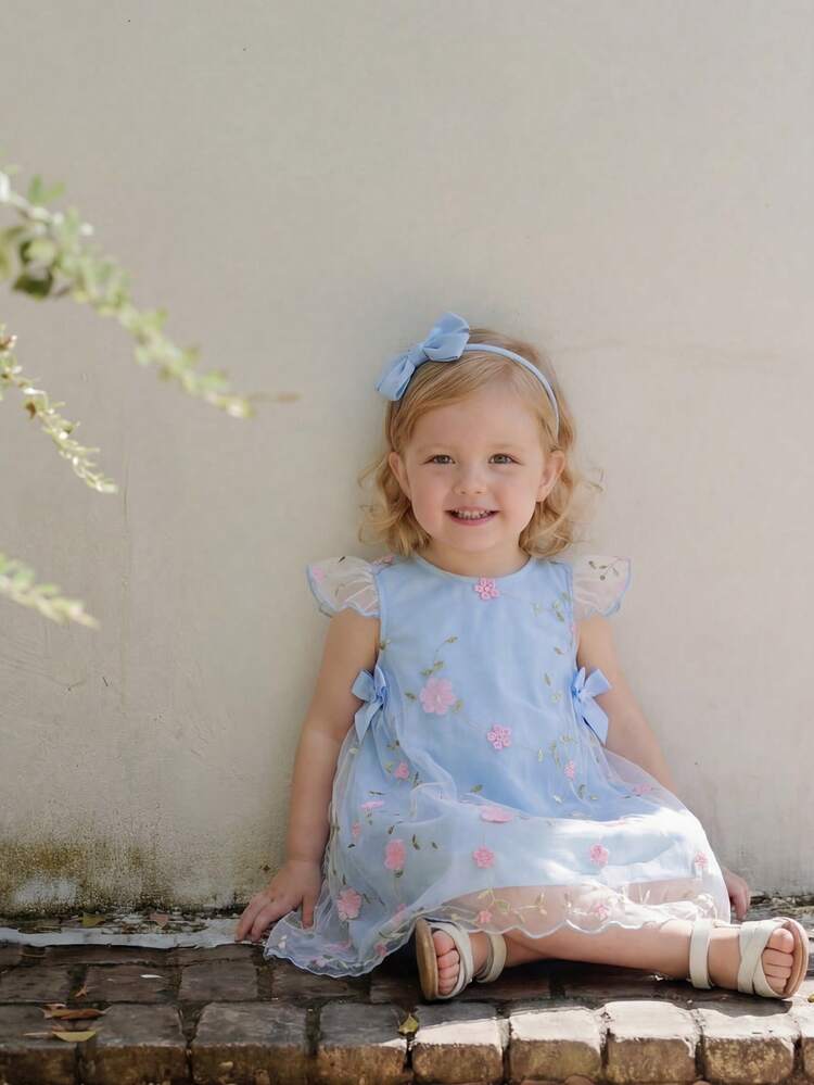Baby Girl Newborn 0-3Y Baby Girl Unisex Princess Style 3D Floral Mesh Bow Decor Dress, Suitable For Birthday Party, Evening Party, Daily Wear, Vacation, Spring Summer Outfit - Blue - View 4