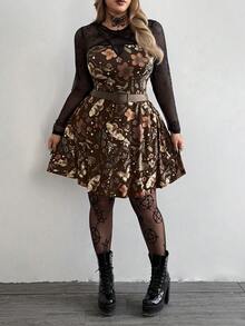 SHEIN CURVE+ 大码女装新款圆领复古休闲学院风暗黑朋克风印花拼接网纱星形缎带装饰A字长袖连衣裙，适合日常穿着、办公室、感恩节、新年派对、节日、生日派对、音乐节、情人节、春夏等场合。 - 棕色 - 查看 4