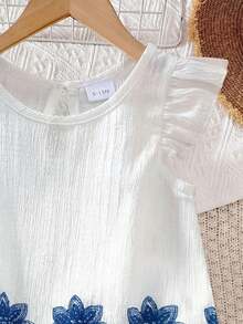 SHEIN 2pcs/Set Infant Toddler Unisex 0-3Y Casual Embroidery & Printed Pattern Shirt, Countryside Style Spring/Summer Baby Girls Outfit - Multicolor - View 7