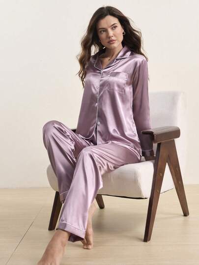 撞色滚边纽扣上衣和裤子缎面睡衣套装，秋冬舒适优雅细节