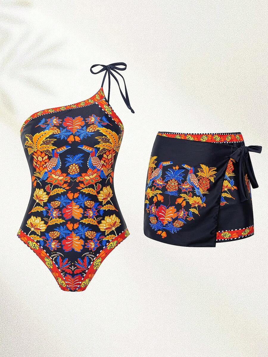 Swim Oasis 2025新款热销女士两件式分体蓝色椰子树印花挂脖式吊带泳衣套装，带系带裙/优雅女士泳装/海滩度假装/泳池装 - 彩色 - 查看 1