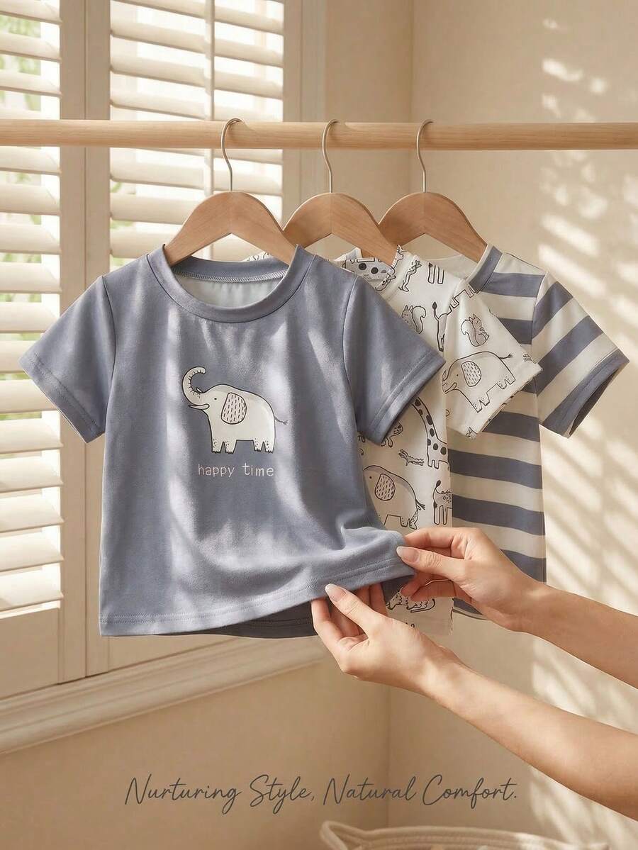 SHEIN 3件套幼儿休闲恐龙图案针织套装，短袖T恤，春夏款 - 灰色 - 查看 1