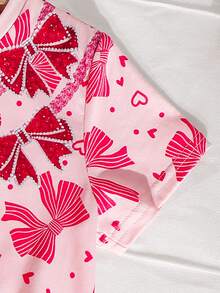 SHEIN 女童圆领蝴蝶结印花短袖上衣和裤子休闲家居服睡衣套装 - 彩色 - 查看 8