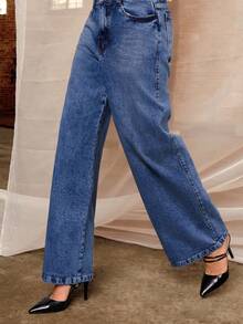 Daynim Quần jeans ống rộng cạp cao không thắt lưng - Rửa trung bình - Xem 8
