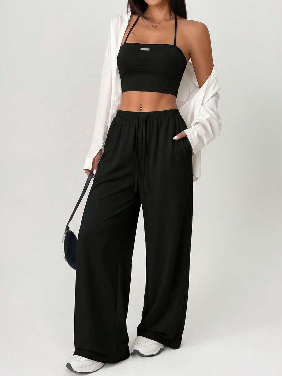 SHEIN Unity Women's Plain Black Summer Casual Loungewear Sleeveless Halter Camisole And Long Pants Two-Piece Outfit,Festival Street Style Everyday Summer Outings - Black - View 1