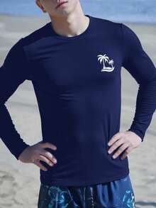 SHEIN Baju Renang Pelindung Ruam Lengan Panjang Motif Pohon Palem Biru Tua untuk Anak Laki-laki Usia 80-an, Kain Lembut dan Nyaman, Liburan Musim Panas di Pantai, Gaya Kasual untuk Menyelam. - Navy Blue - View 2
