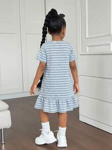 SHEIN Young Girl Knitted Striped Heart Pattern Round Neck Dress,Kids - Light Grey - View 2