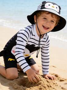 SHEIN Baby Boy Cute Penguin Pattern Raglan Sleeve Rash Guard & Swim Trunks Set,Kids - Multicolor - View 4