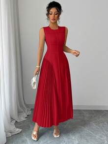 Rafferiza Vestido plisado de línea A sin mangas con cuello mao, diseño minimalista para mujer, primavera/verano - Rojo - Ver 5
