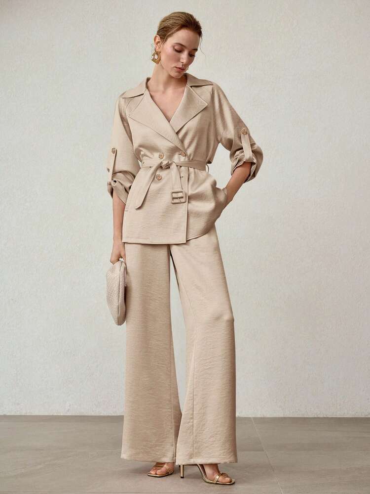 ELEGANT MINIMALIST WIDE-LEG SATIN STRIPED WAISTBAND PANTS, SPRING/SUMMER