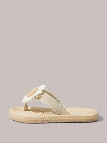 Styleloop Women's Flat Sandals Summer Open-Toed Hemp Rope Woven Sandals Rhinestone Shiny Bohemian Vacation Shoes Roman Beach Sandals Outside Slippers - Khaki Flowers - View 3