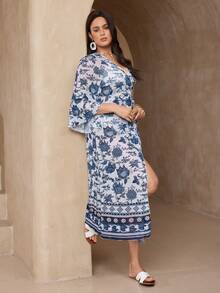 Swim Lushoire 2026 New Plus Size Women Long Floral Print Beach Kimono - Blue - View 6