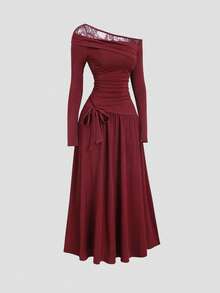 Sweetra Đầm midi nữ thời trang mới, thanh lịch, kiểu dáng bất đối xứng vai, phối ren tương phản, màu trơn, có nơ, tay dài, chất liệu co giãn. - Màu Đỏ Sâu - Xem 3