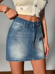 SHEIN Cottnline Y2K Aesthetic High Waist Vintage Distressed Washed Denim Mini Skirt, 5-Pocket Denim Mini Skirt - Medium Wash - View 7