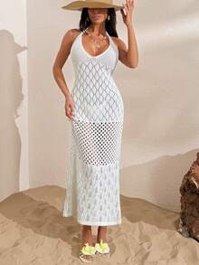 SHEIN Women Crochet Knit Maxi Dress Halter Neck Deep V Hollow Out Beach Cover Up White - White - View 5