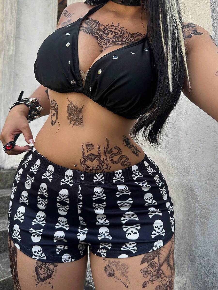 Whyspr Casual Punk Music Festival Coachella Knitted Short Casual Leggings With Skull Print, Spring/Summer - Black and White - View 1