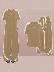 Sweetra 大尺碼女款 2 件套，白色夏季修身休閒居家服，休閒運動拼接條紋蝴蝶結裝飾刺繡上衣 & 鬆緊腰長褲 - 卡其色 - 查看 1
