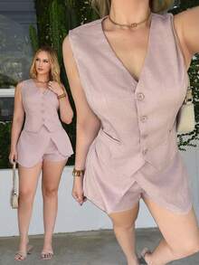 Rustia Plus Size Women's Solid Color Fitted Work Suit Set - Pink - View 1