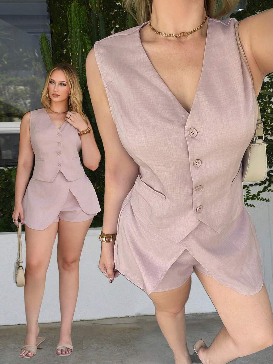Rustia Plus Size Women's Solid Color Fitted Work Suit Set - Pink - View 1