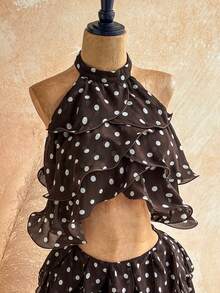 Soleia Women's Polka Dot Pattern Layered Ruffle Trim Halter Neck Crop Top, Vacation Style - Coffee Brown - View 1